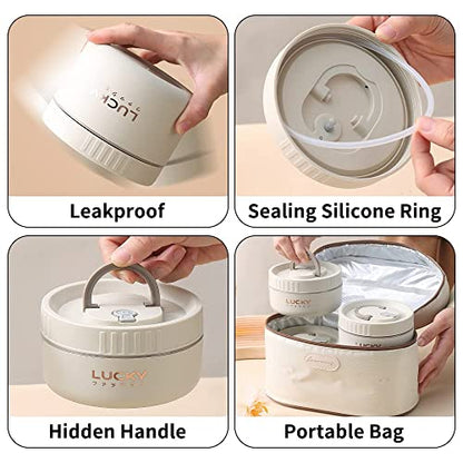 Portable Insulated Lunch Containers, Stainless Steel Bento Box Adult Lunch Box with Insulated Lunch Bag, 4 Separate Stackable Lunch Container for Adult, White… - color: 4 Tier (2L+2S)-Beige