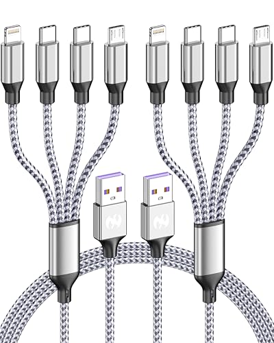 4ft 2 Pack 4 in 1 Multi Charging Cable, IP/Type C Port for iPhone/Android | Dual Type-C Universal Car Charger Cable, Nylon Braided Lightning Charging Cord,Micro USB Phone Charger Cord for Travel-Silver - color: Silver White-4ft-2Pack
