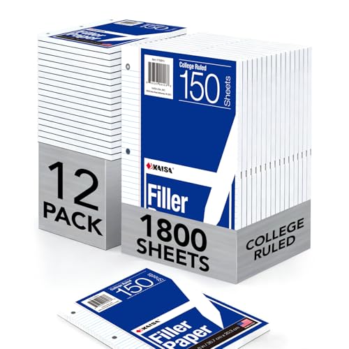 Kaisa Filler Paper Notebook Paper College Ruled 8"x10.5" Loose Leaf Paper for 3-Ring Binders 1800 Sheet/pack,12pack (Total 1800 Sheets) - color: College-new, size: 12pack