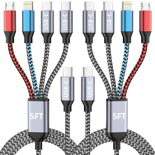 USB C 4 IN 1 Multi Charging Cable, Travel Essentials with Dual Type-C/Micro/IP Port, 2 Packs 5FT Nylon Multiple Charger Cord for iPhone 17 Pro Max/17 Air/16/15/14, Galaxy S25, iPad, Andorid and More - color: Gray & C & 2PCS, size: 2Pack&5FT