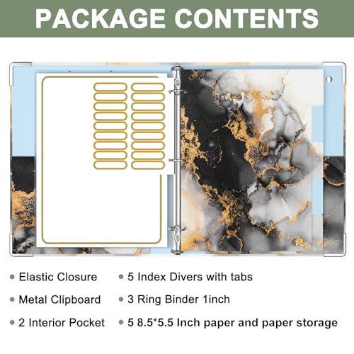 Rouidr Mini 3 Ring Binder with Clipboard, 1 inch Round 8.5 x 5.5 in Cute Binders Organizer with 5 Dividers Tabs & Clear Sleeves, School Supplies, Office Supplies, Black Gold Marble - color: Black Gold Marble, size: Mini 1in(8.5 x 5.5 in)
