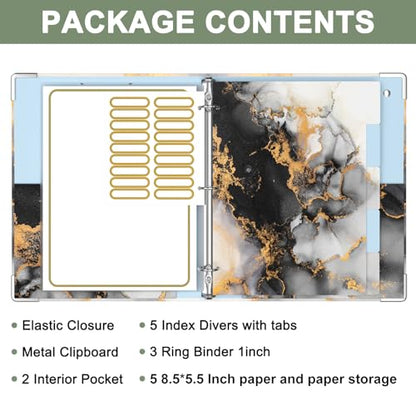Rouidr Mini 3 Ring Binder with Clipboard, 1 inch Round 8.5 x 5.5 in Cute Binders Organizer with 5 Dividers Tabs & Clear Sleeves, School Supplies, Office Supplies, Black Gold Marble - color: Black Gold Marble, size: Mini 1in(8.5 x 5.5 in)