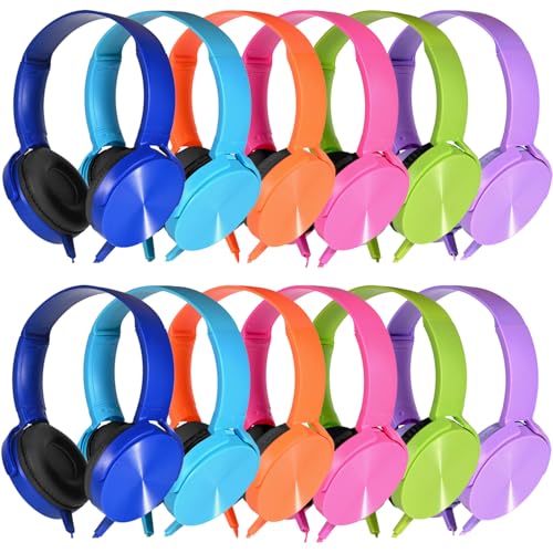 Bulk Headphones 12 Pack for School Classroom Kids K-12, Wholesale Wired Durable Computer Earphones Class Set for Students Children Toddler Teens Boys Girls and Adult (HY450, 12 Mixed) - color: Mixed Colors, size: 12 Pack