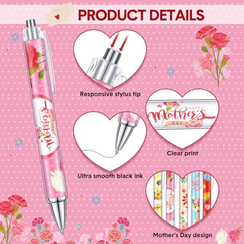 Cholemy 48 Pcs Mother's Day Ballpoint Pens Bulk Flower Happy Mother's Day Writing Pens Best Mom Ever Black Gel Ink for Women Mom Birthday Gifts Office Party Supplies Favors - style: Mother's Day