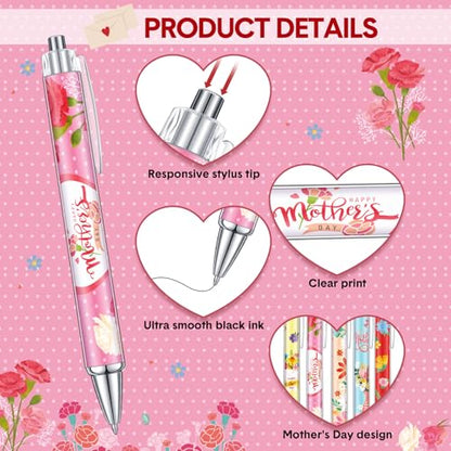 Cholemy 48 Pcs Mother's Day Ballpoint Pens Bulk Flower Happy Mother's Day Writing Pens Best Mom Ever Black Gel Ink for Women Mom Birthday Gifts Office Party Supplies Favors - style: Mother's Day