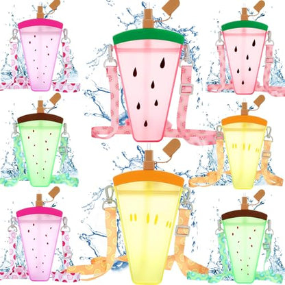 Patelai 8 Pcs 10.8oz Cute Water Bottles with Straw Kawaii Ice Cream Cups Leak Proof Drinking Bottles with Adjustable Shoulder Strap for Sports Travel Camping (Watermelon) - style: Watermelon