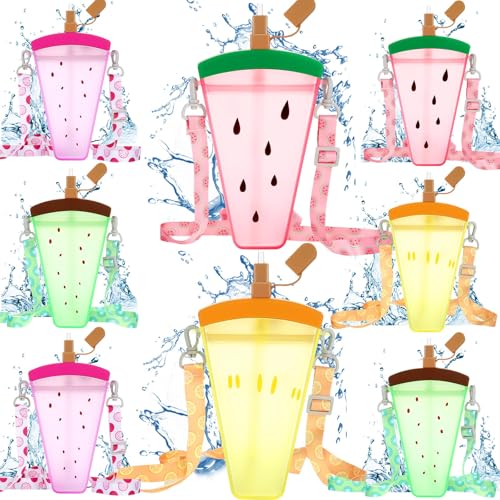 Patelai 8 Pcs 10.8oz Cute Water Bottles with Straw Kawaii Ice Cream Cups Leak Proof Drinking Bottles with Adjustable Shoulder Strap for Sports Travel Camping (Watermelon) - style: Watermelon