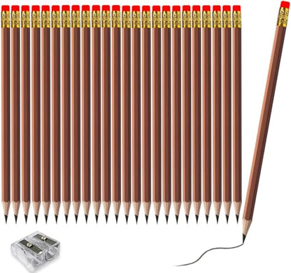 Adhere 25pcs Woodcase Pencils with Eraser Premium Pre-Sharpened Hexagon Graphite 2B pencils ideal for home, office writing including a Free Sharpener (Brown・25pcs) - color: Brown・25pcs