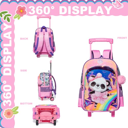 Panda Rolling Backpack for Girls with Lunch Box Kids Backpack with Wheels for School Sequin Trolley Trip Luggage Rolling Bookbag for Kindergarten Girls Elementary - color: Pink Panda-3pcs
