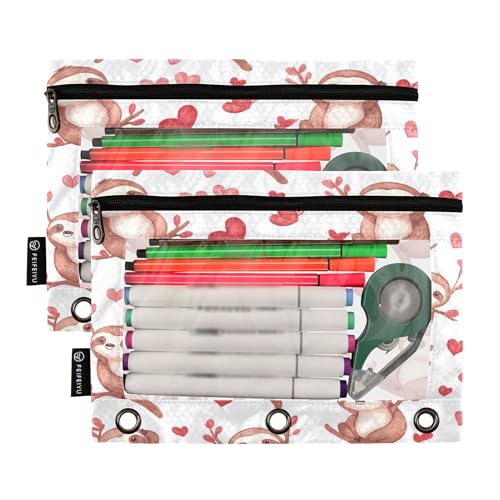 Cute Sloths Novelty Binder Pencil Pouch 3 Ring Clear Pouches with Zipper Pen Organizer for Office College School, 2 Pack - color: Multi-cute Sloths Novelty