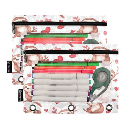 Cute Sloths Novelty Binder Pencil Pouch 3 Ring Clear Pouches with Zipper Pen Organizer for Office College School, 2 Pack - color: Multi-cute Sloths Novelty
