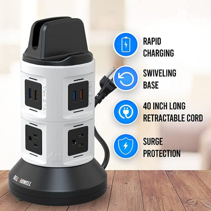 Bell+Howell 스핀 파워 스트립 타워 서지 프로텍터 - 콘센트 4개, USB 포트 6개, 101.6cm(40인치) 접이식 코드, 360° 회전 | 휴대폰 및 태블릿 홀더가 내장된 전기 충전 스테이션 | USB 콘센트 익스텐더