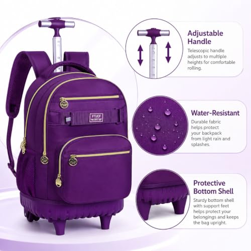 HPJGD 3PCS Girls Rolling Backpack, Womens Dark Purple School Backpacks with Wheels, Water Resistant Roller Kids Wheeled Bookbag Set - color: Classic Dark Purple Rolling Backpack Set
