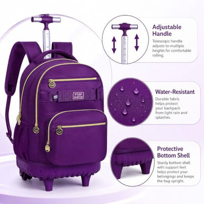 HPJGD 3PCS Girls Rolling Backpack, Womens Dark Purple School Backpacks with Wheels, Water Resistant Roller Kids Wheeled Bookbag Set - color: Classic Dark Purple Rolling Backpack Set