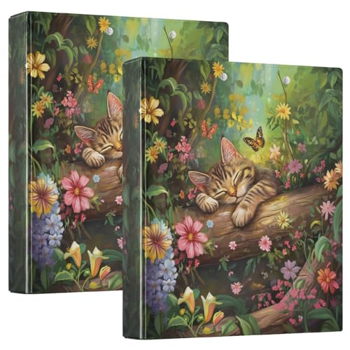 Sleeping Cat in Forest Butterfly Floral 3 Ring Binder 1.5" Decorative D-Ring Binder with Clipboard&3 Clear Pockets, Holds 200 Sheets A4 Size Paper Waterproof Binders for School Home Office|2 Pack - color: Sleeping Cat, size: 12.4x10.63x2.36 Inch-2 Pack