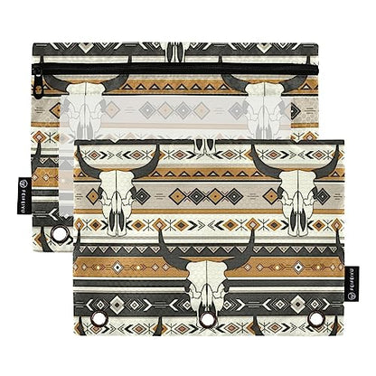 Fisyme Western Boho Bull Skulls Pencil Pouch for 3 Ring Binder Pencil Case Pencil Bag Zipper Pouch with Clear Window for Office Supplies 2 Pack - color: Multi-2