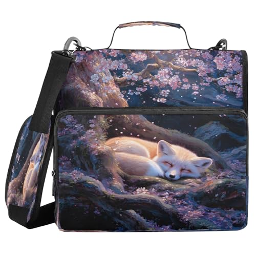 3 Ring Zipper Binder Fox Cherry Blossom Tree Binders Bag with Shoulder Strap 500 Sheets Paper Organizer Trapper Keeper Documents Storage File Folder for School Office - color: A2391