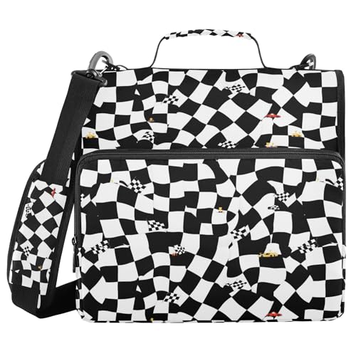 Racing Event Checkered Flag Black Zipper Binder Organizer with Handle Multi-Pocket 1.5 Inch 3 Rings Portfolio Binder Bag Home Travel Cards Storage Container - color: Racing Event Checkered Flag Black