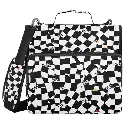 Racing Event Checkered Flag Black Zipper Binder Organizer with Handle Multi-Pocket 1.5 Inch 3 Rings Portfolio Binder Bag Home Travel Cards Storage Container - color: Racing Event Checkered Flag Black