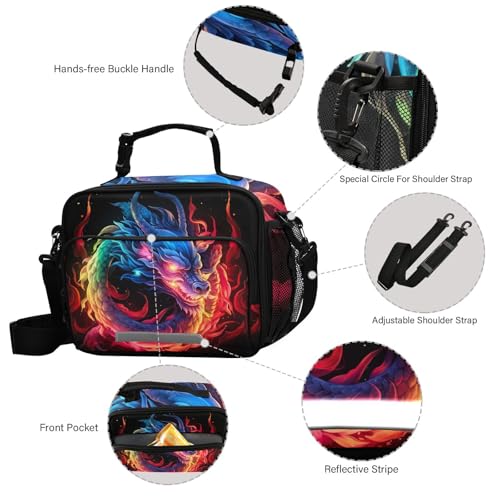 Blue Flame Dragon Kids Lunch Box Insulated Lunch Bags Cooler Tote Bag with Removable Shoulder Strap for Boy Girl Student 20847438 - color: Rainbow Flame Dragon