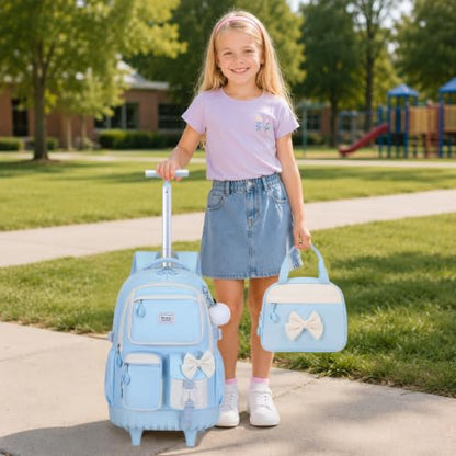 Bevalsa Rolling Backpack for Girls, Roller Backpack with Wheels, Cute Bow Wheeled School Bookbag Set with Lunch Bag & Pen Case, Suitcases for Kids Teens Elementary Middle Student (Blue Beige) - color: Blue Beige