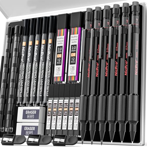 Nicpro Metal Mechanical Pencil Set, 3PCS Art Drafting Pencil 0.5, 0.7, 0.9MM & 2PCS 2MM Mechanical Drawing Pencils with 126 Lead(4B 2B HB 2H 4H Color) Weatherproof Barrel for Writing Sketching Drawing
