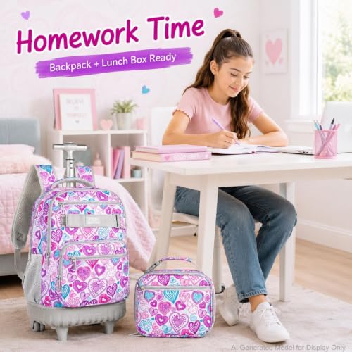 3pcs Rolling Backpack for Girls, 19 Inche Adult Bag with Roller Wheels, Wheeled Bookbag Set for Women - PinkGrey - color: Love Pinkgrey