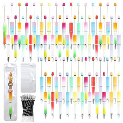 150 Pieces DIY Beadable Pens Kit - 50 plastic Beadable Pens Bulk, Refills & pen bags Included - Beaded Pens Black Ink Ballpoint Cute Pens for Students Teacher（Gradient） - color: Gradient, size: 50