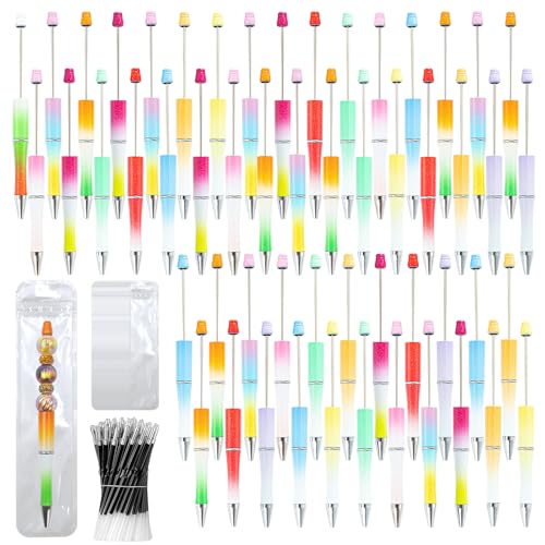 300 Pieces DIY Beadable Pens Kit - 100 plastic Beadable Pens Bulk, Refills & pen bags Included - Beaded Pens Black Ink Ballpoint Cute Pens（Gradient） - color: Gradient, size: 100
