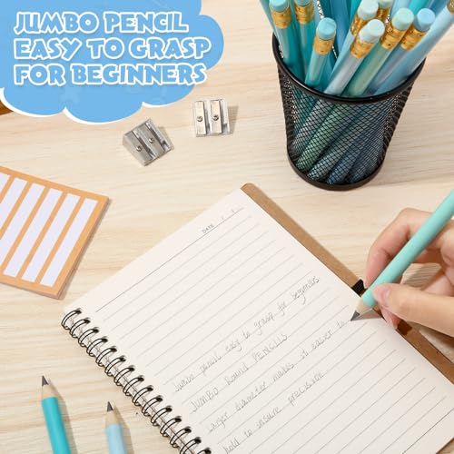 Fainne 48 Pcs Fat Pencils Jumbo Big Thick Large Pencils and 3 Pieces Sharpeners for Kids Beginners Preschoolers Kindergarten School Office Supplies(Turquoise Blue Series,Round) - color: Turquoise Blue Series, style: Round
