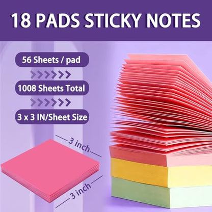 (18 Pads) Sticky Notes 3x3 inch, Self-Stick Note Pads, 18 Colorful Sticky Notes for School Supplies or Office Supplies