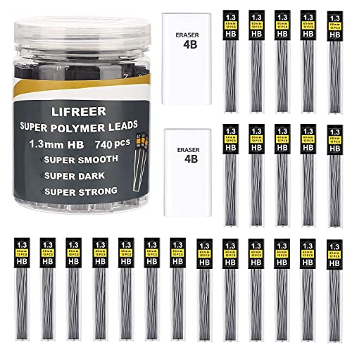 1.3mm Unbreakable Pencil Refills (740 Pcs), 2 Premium Erasers, Long Lasting HB Pencil Lead for Students & Professionals - style: 1.3 lead refills