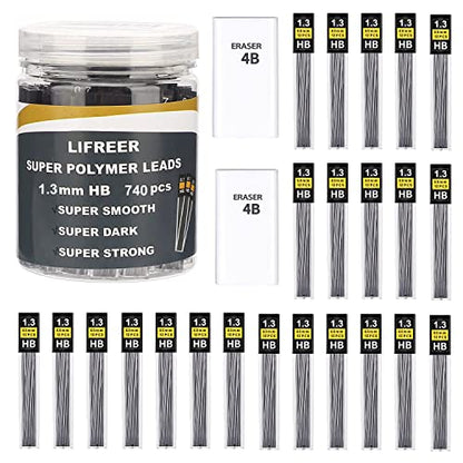 1.3mm Unbreakable Pencil Refills (740 Pcs), 2 Premium Erasers, Long Lasting HB Pencil Lead for Students & Professionals - style: 1.3 lead refills