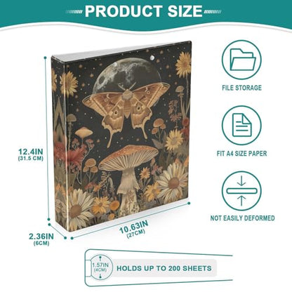 Moth Mushroom Flower Printed 3-Ring Binder for School Office, 1.5 Inch Round Ring Binder for Home Recipe Budget Aesthetic Binder with Pocket Metal Non-Slip Clip Holds 200 Sheets of Paper - color: Moth Mushroom Flower