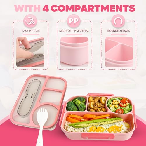 EASYFUN Bento Box Adult, Lunch Box, 4-Compartment Lunch Containers, Drop-Proof, Dishwasher Safe & Made with BPA-Free Materials (Pink) - color: Pink