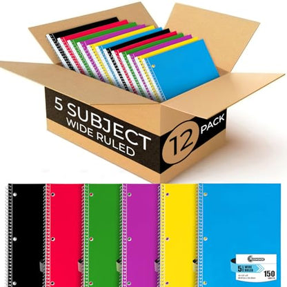 Rosmonde Spiral Notebook 12 Pack, 5 Subject, Wide Ruled, 150 Sheets | Spiral Journal, 300 Pages, 8 x 10-1/2", School & Office Bulk Spiral Notebooks, 5 Subject Notebooks for Office & School - size: 12 Pack