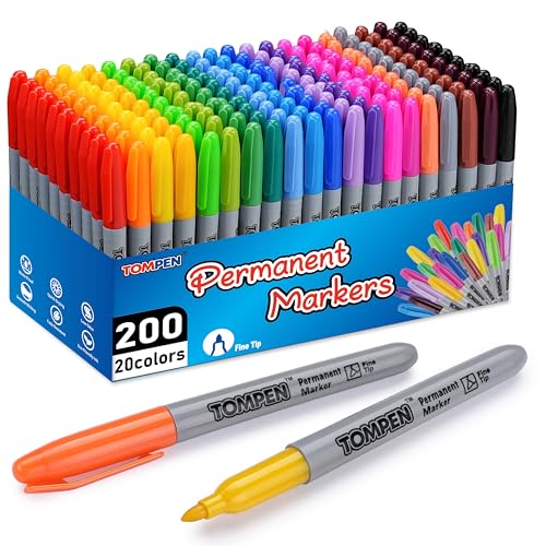 Permanent Markers Fine Tip 200 Pack Bulk,20 Assorted Colors,Waterproof Permanent Marker with Quick Drying on Wood,Plastic,Paper,Metal,Mirror for Gifts Office School Classroom