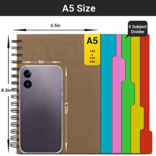 EUSOAR Notebook 5 Subject with Tabs, 1pcs A5 5.5"x8.3" Spiral College Ruled Writing Pad, 100GSM 120Sheets/ 240Pages of Lined Paper, Thick Hardcover, for Traveling Students, Office and Business, Kraft - color: Kraft, size: A5-1Pack