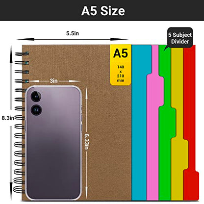 EUSOAR Notebook 5 Subject with Tabs, 1pcs A5 5.5"x8.3" Spiral College Ruled Writing Pad, 100GSM 120Sheets/ 240Pages of Lined Paper, Thick Hardcover, for Traveling Students, Office and Business, Kraft - color: Kraft, size: A5-1Pack