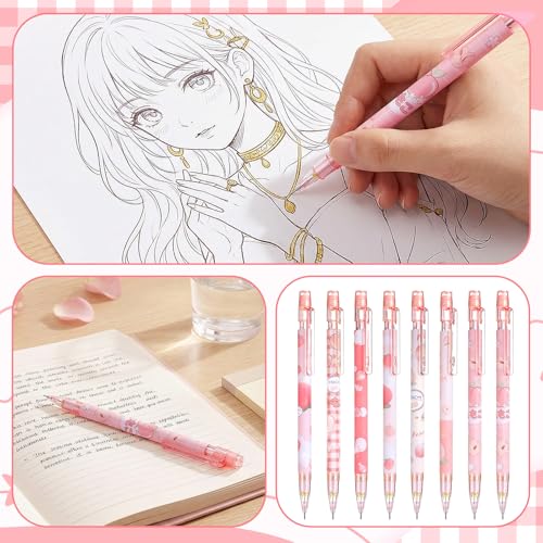 TIESOME 8 Pcs Kawaii Mechanical Pencils Set with Refill Leads & Erasers, 0.5mm/0.7mm Pink Cute Mechanical Pencils for School Office Supplies (Plastic)