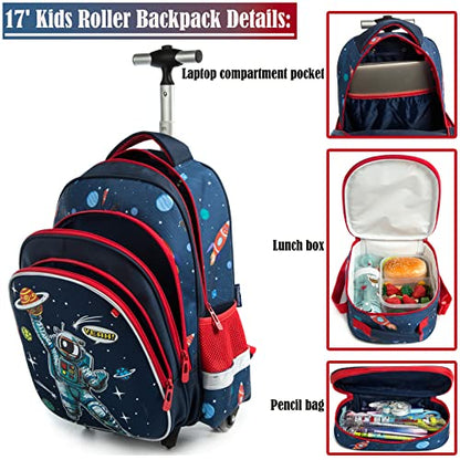 School Bags Kids Rolling Astronaut Backpack With Wheels Trolley Wheeled Backpacks for Travel Bags 3PCS Cat Backpack With Lunch Box Blue - color: Blue-220223-1-l