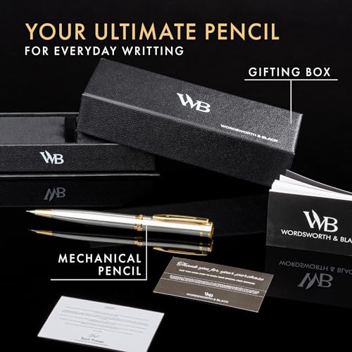 Wordsworth and Black Mechanical Pencil Graphite Lead- Stunning Luxury Metal Pencil, Silver Chrome 24K Gold Finish, 0.7mm Led, Best Gift Set for Men & Women, Professional Executive Office Pencils - color: Silver Gold