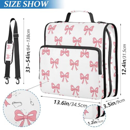 Zipper Binder Bag 3 Ring File Folder Portfolio Organizer Zippered Binder Bags with Strap Fits Laptop Women Men - color: 41-pink Bow White