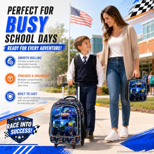 CCJPX 3Pcs Truck Rolling Backpack for Boys, 18" Kids Wheeled Bookbag with Lunch Box, Lightweight Roller School Bag for Elementary Preschool(Black) - color: Blue Truck
