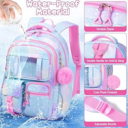 Fimibuke Kids Backpack for School Girls, 3Pcs Waterproof Girls Backpack with Lunch Box & Pencil Pouch - Lightweight Pink Bookbag for Ages 6+ Elementary Middle School Teens - color: A1.Diamond Pink