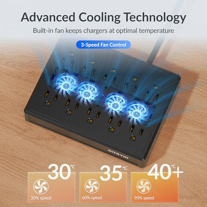 Gitryin Modular Laptop Charging Station, 3*140W, 2*40W Retractable Lightning, Micro USB, USB C Chargers, 1 Lightning, 1 Micro USB, 1 USB A, 7 USB C Ports with Cooling Power Strip, 500W Charging Hub