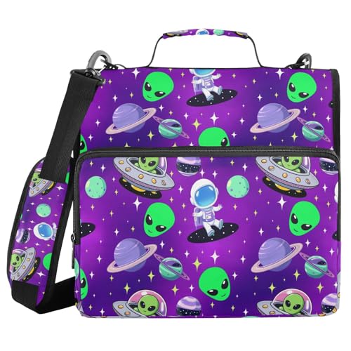 3 Ring Zipper Binder with Shoulder Strap Cute Astronauts Alien Space 1.5 inch Binders Keeper Large Capacity Multi Pockets for School Office Supplies