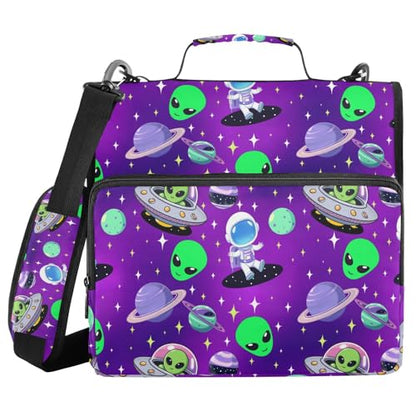 3 Ring Zipper Binder with Shoulder Strap Cute Astronauts Alien Space 1.5 inch Binders Keeper Large Capacity Multi Pockets for School Office Supplies
