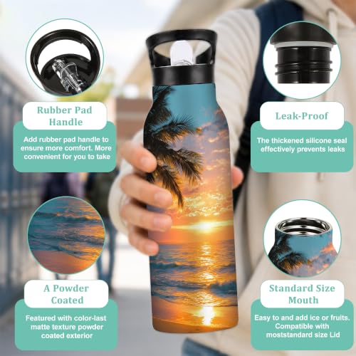 Water Bottles with Straw,Beach Sunset Stainless Steel Cup Leak Resistant Double Wall Palm Trees Insulated Water Bottle with Handle for Gym Cycling Hiking Office 20 oz - color: Beach Sunset,Palm Trees