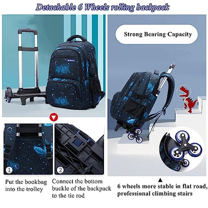 Mildame Geometric Print Rolling Backpack for School Boys Girls with Lunch Bag Teens Bookbag with Wheels Kids Trolley Bag Set, Six Wheels - color: Blue Geometric Set-6 Wheels
